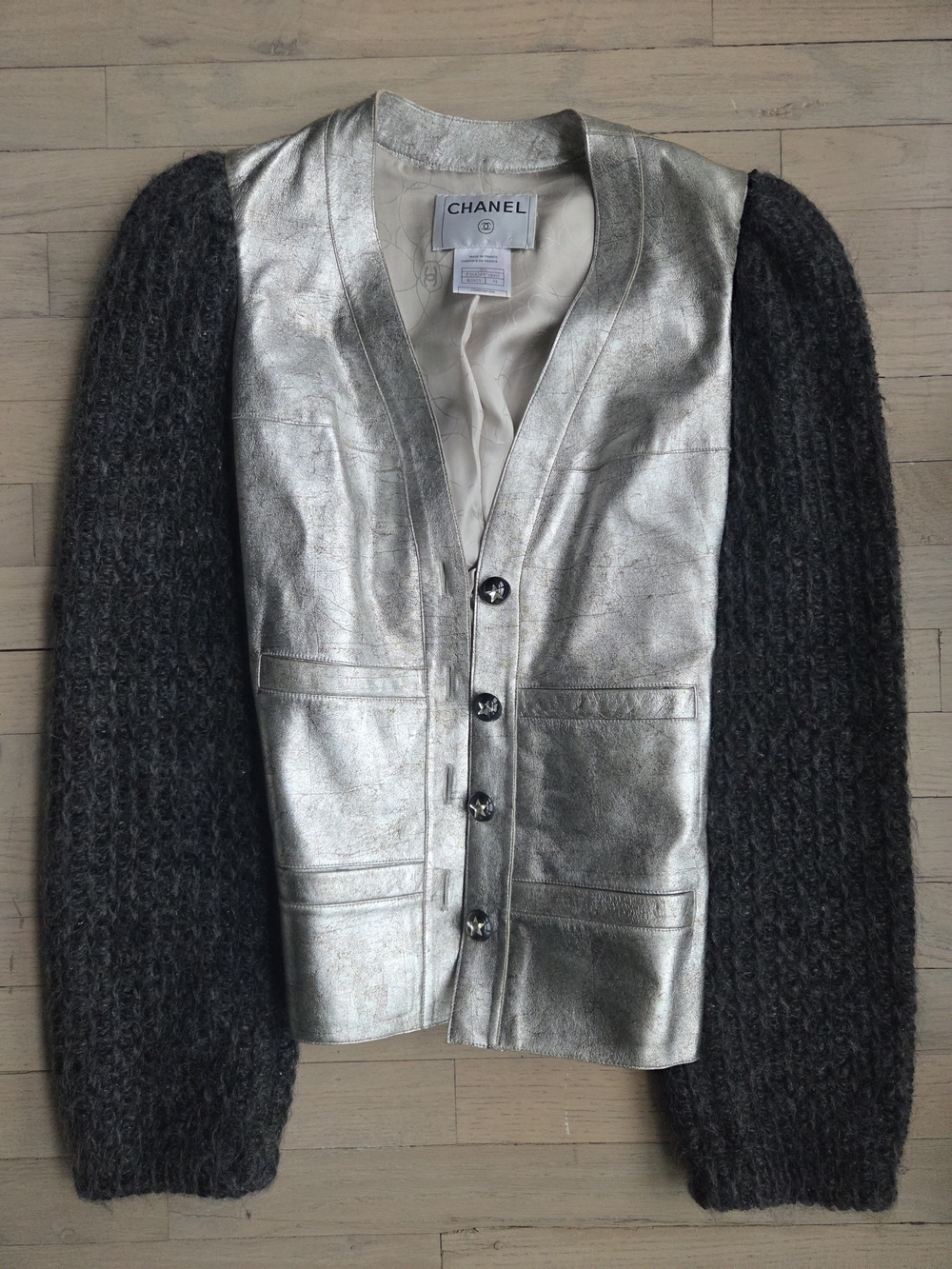 Chanel Metallic Silver Leather Cardigan with Black Knit Sleeves